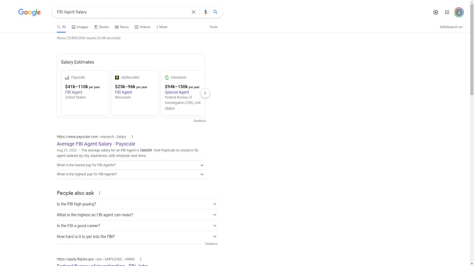 Google search result for "FBI Agent Salary"