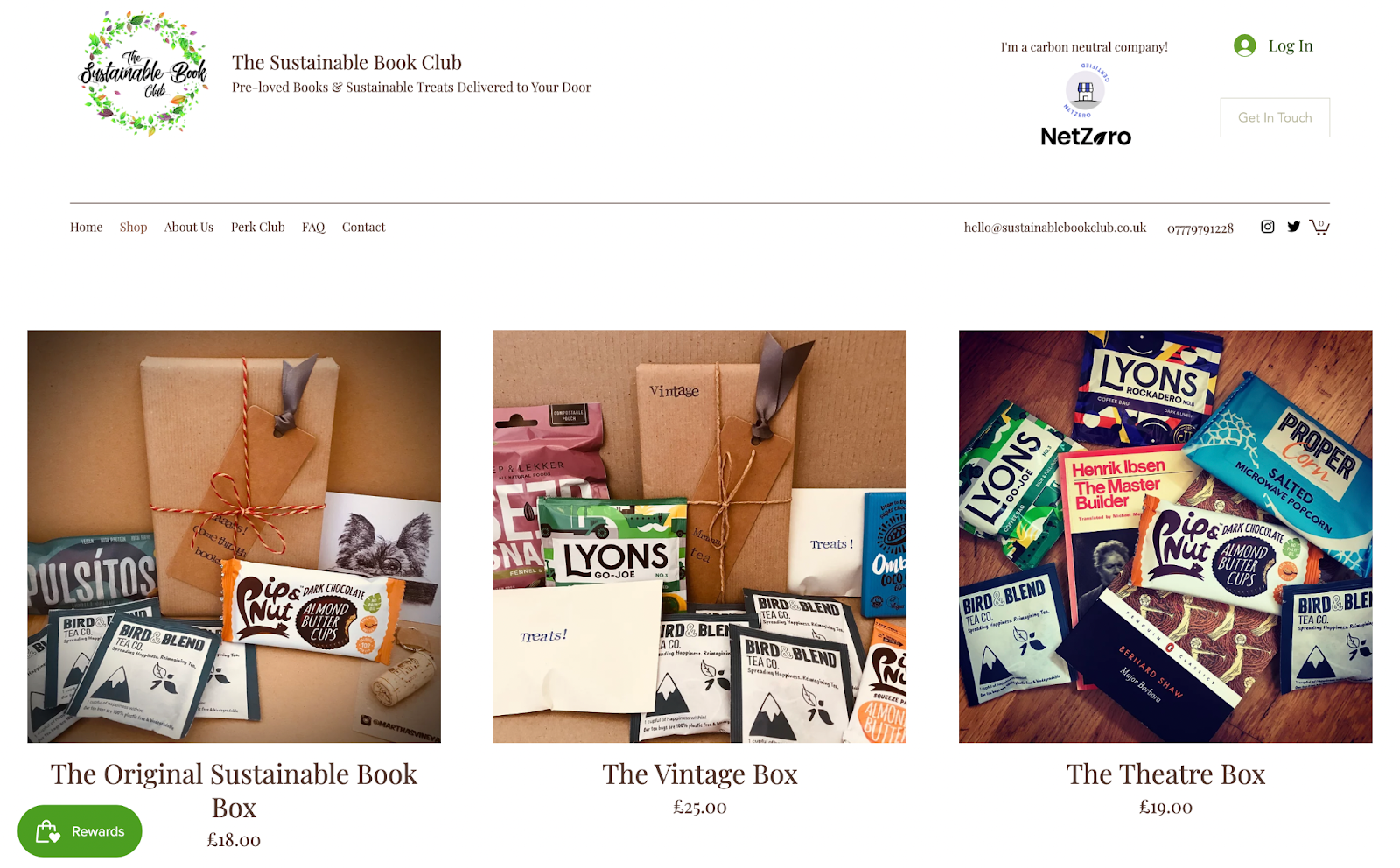 Sustainable brands–A screenshot of The Sustainable Book Club’s subscription box page showing The Original Sustainable Book Box, The Vintage Box, and The Theatre Box with pictures of each.