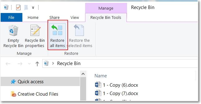 click on the restore all items button