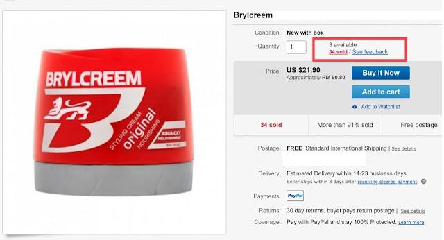 Jual minyak rambut Brylcreem dalam pasaran ebay pada harga USD21.90 (RM90.80) - 34 Unit Sold