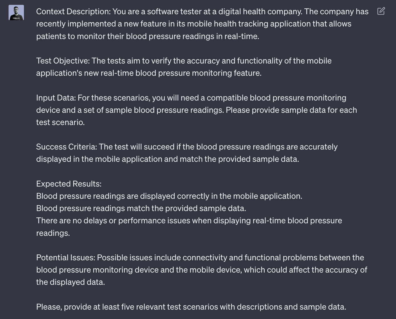 A screenshot of a ChatGPT conversation when asked for specific test scenarios.