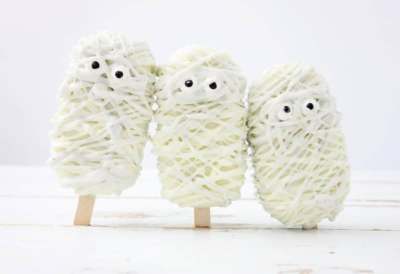Mummy cake pops displayed against a white background.
