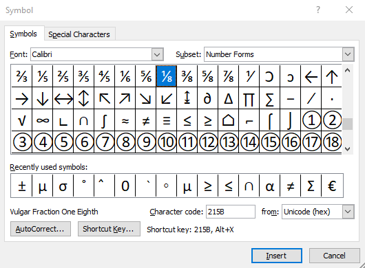 searching for one-eighth symbol using the character code