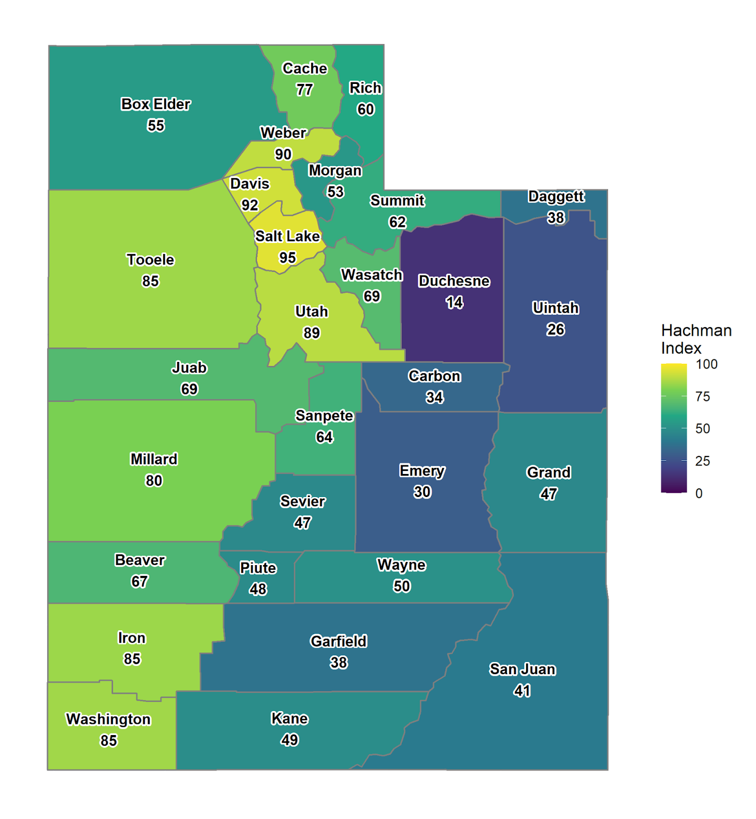 Figure 4. Hachman Index values of industrial diversification for Utah counties, September 2021. Reference region: USA (Hachman = 100). The Hachman Index value for the State of Utah was 97.6.