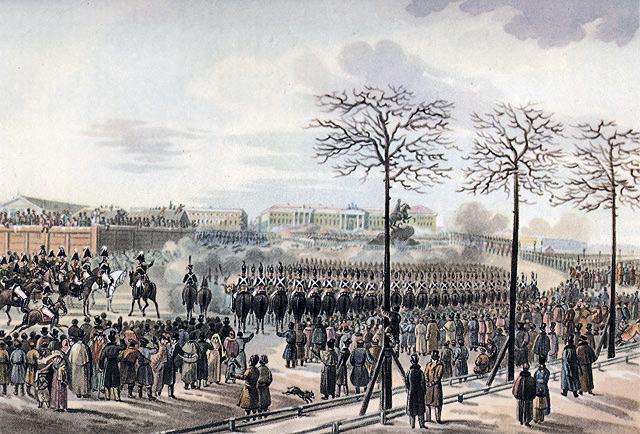 Russian troops firing on the Decembrists outside of the winter palace in St. Petersburg.