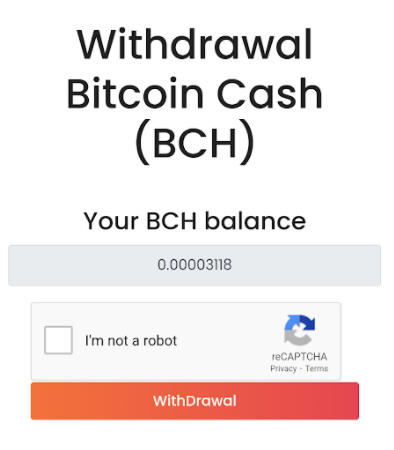 Coinlean Withdrawal Screen for Bitcoin Cash