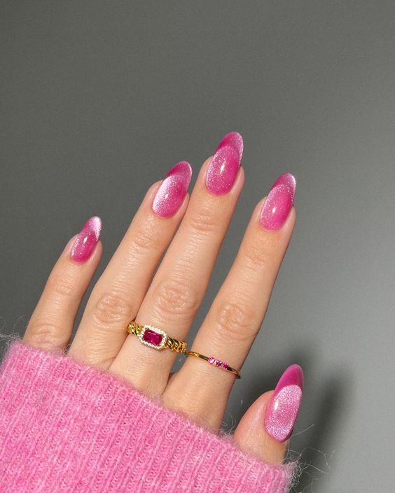 Close up view of the aesthetic  velvet nail design. And this pink shade is gorgeous for summer