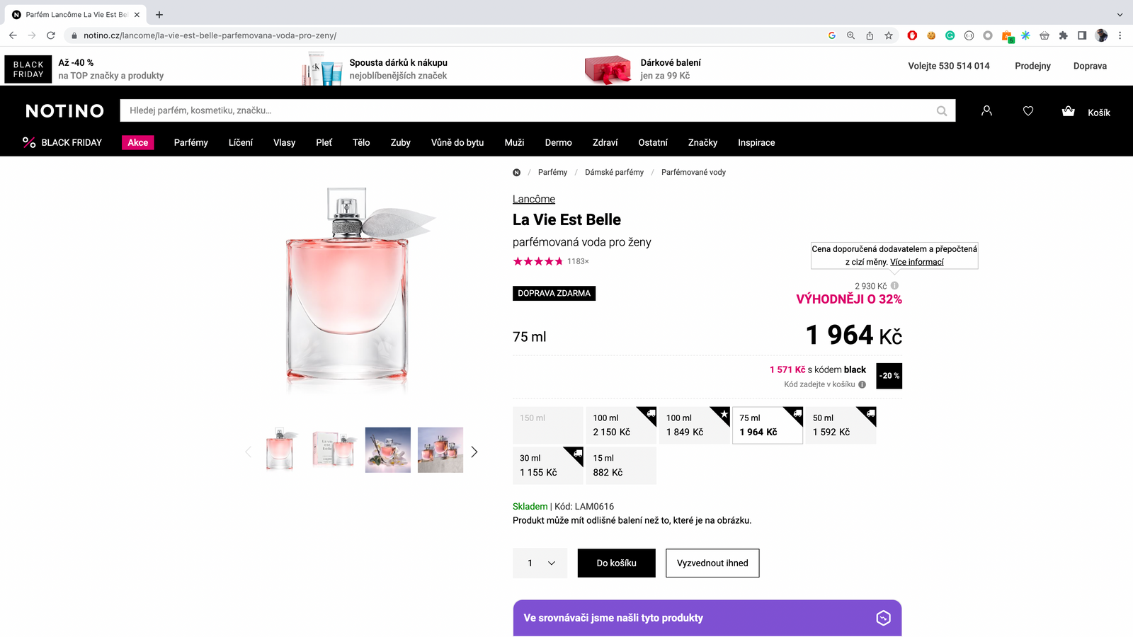 An example of not displaying the reference price and offering a promo code instead from Notino.cz