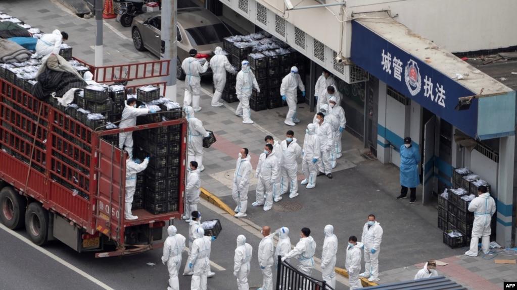 上海封城,身穿防护服的人将车上食品卸下,发送给上海居民。(2022年4月5日)