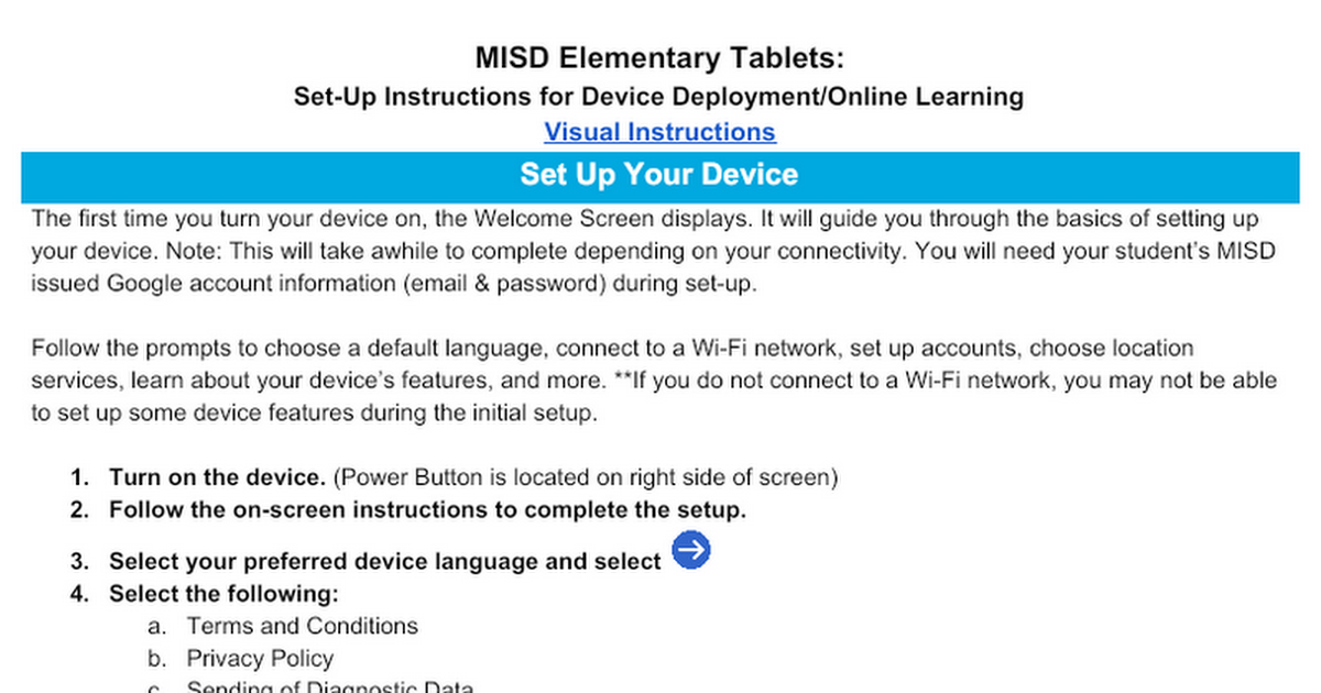 MISD ElementaryTablets: Set-Up Instructions for Device Deployment/Online Learning