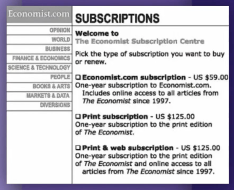 Suscription prices for The Economist is an example of the decoy effect in action.