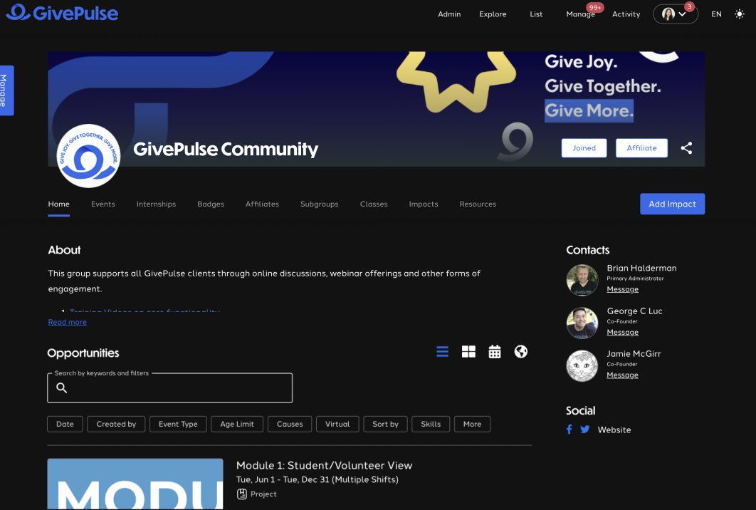 Screenshot of dark mode on GivePulse