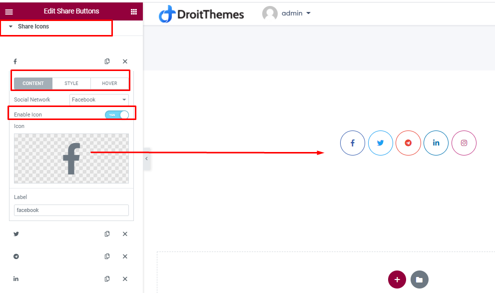 Share button's share icon settings tab