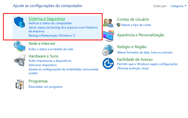 Sistema e Seguranças no painel de controle