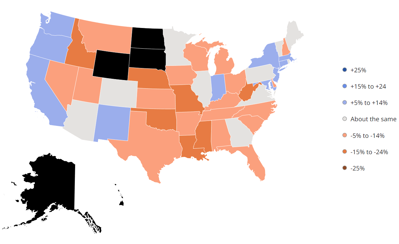 Map showing the differences between how much veterinary receptionists in different states in the US earn