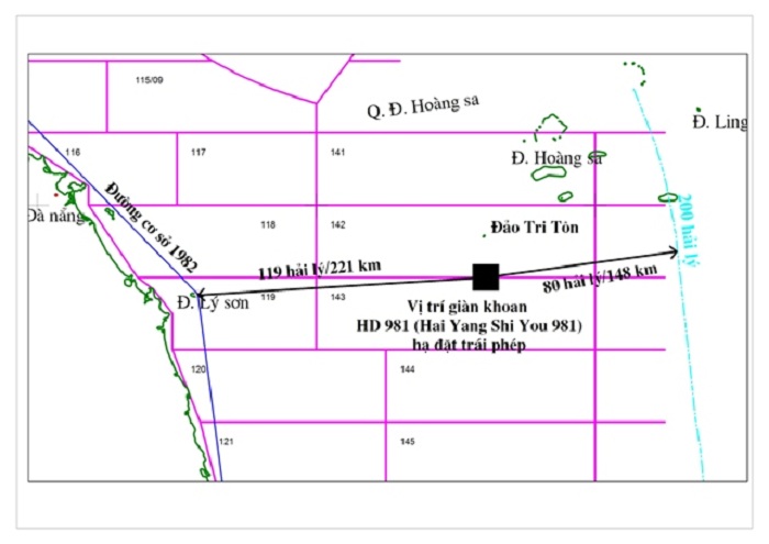 Bản đồ xác định vị trí giàn khoan Hải Dương-981. Ảnh: Tập Dầu khí Việt Nam