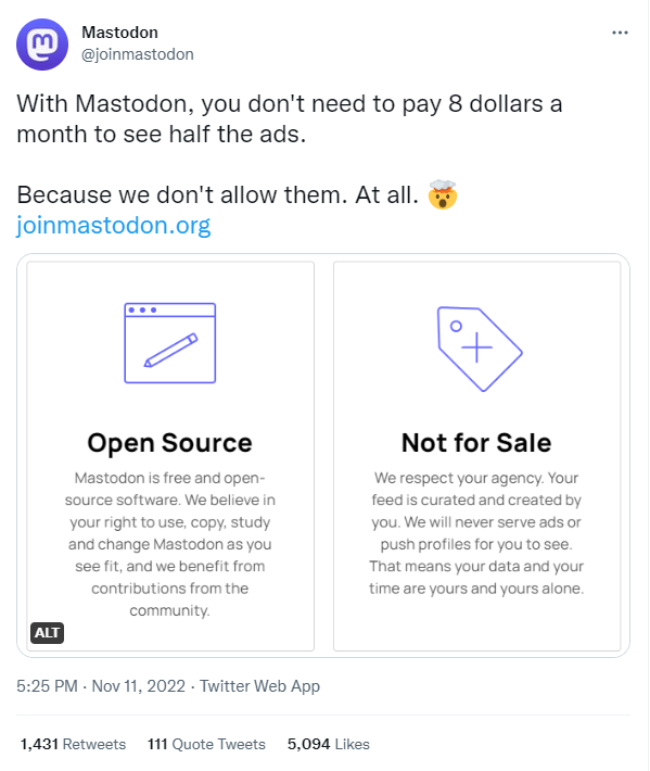 @joinmastodon tweeting "With Mastodon, you don't need to pay 8 dollars a month to see half the ads"