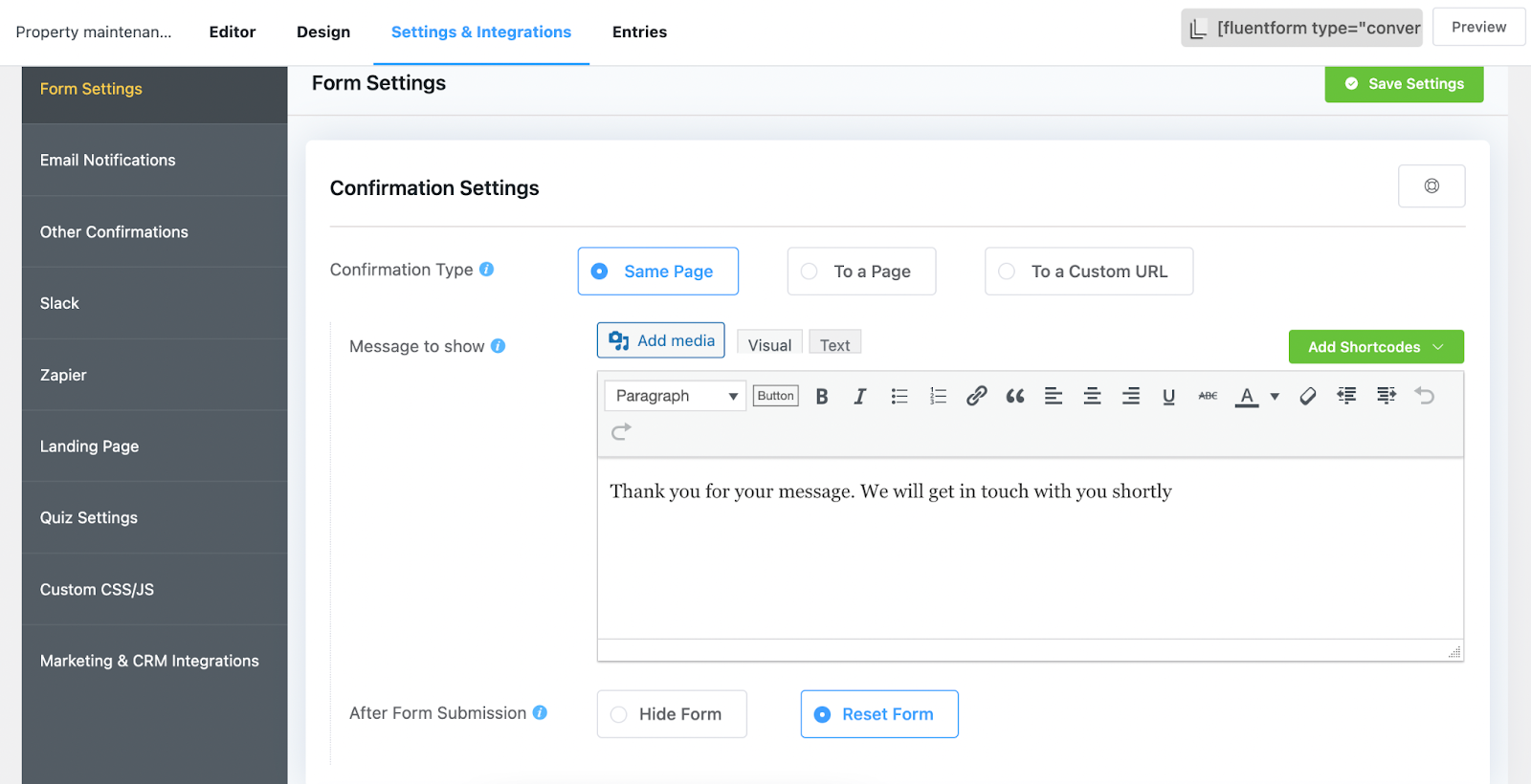 fluent forms, form settings