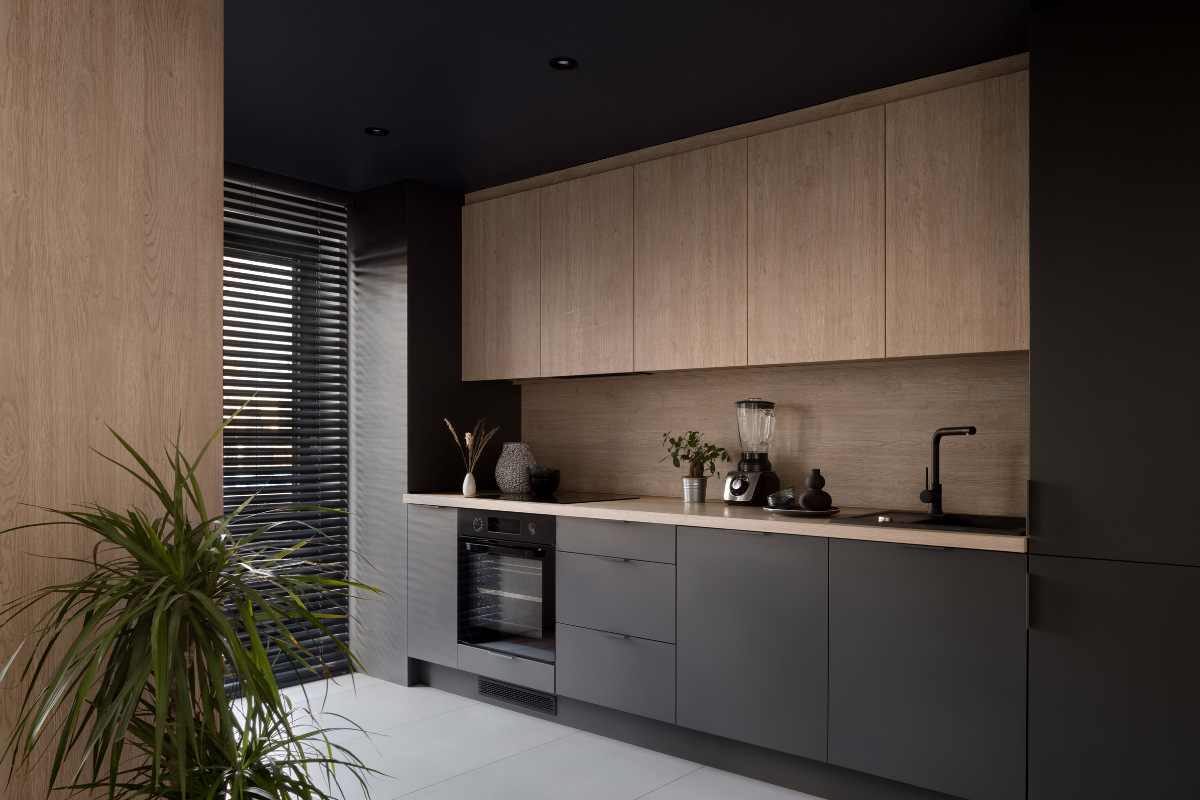 two tone black and wood kitchen
