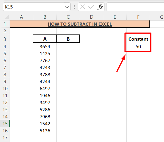 how to subtract in Excel- Sample data for Subtraction with a Constant Value