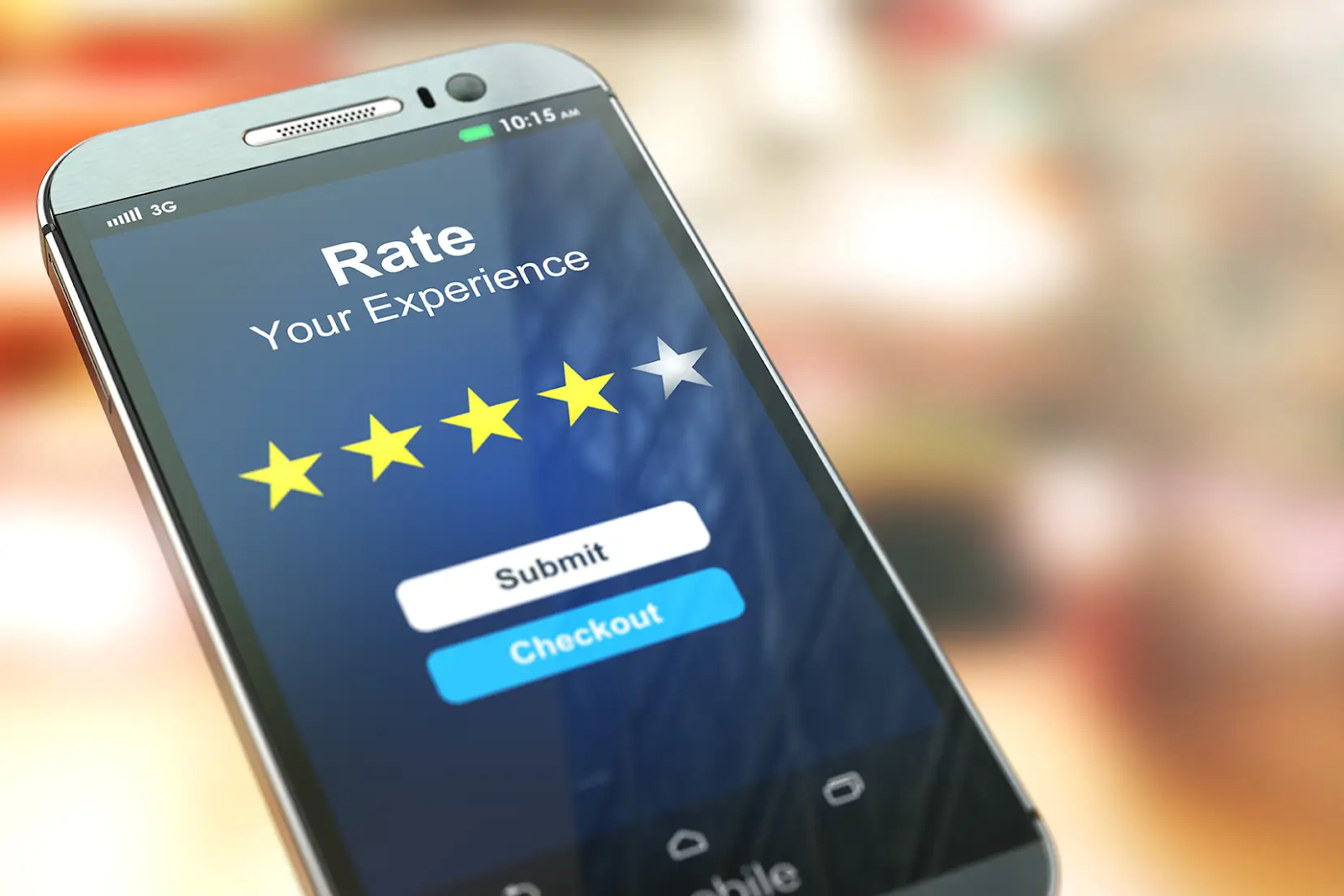 5 Tips on How To Advertise Online For SMEs - Image of a mobile phone displaying option to rate your experience with 4 stars highlighted and the option to submit or click checkout