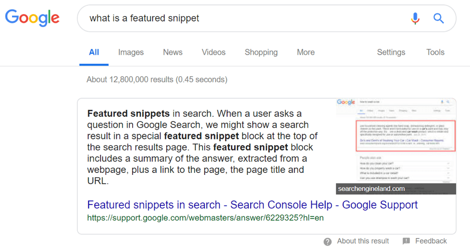 Example of a featured snippet on the Google SERP for “what is a featured snippet.”