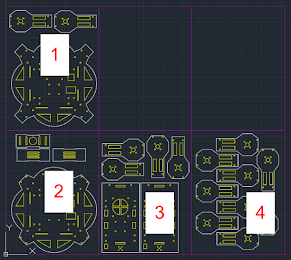 top view drone plates autocad, cut plates numbered 1-4