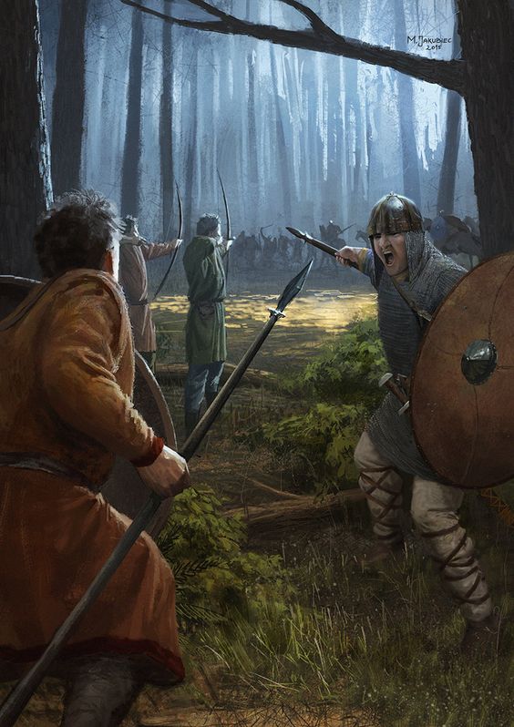Carolingian forest melee by EthicallyChallenged.  DeviantART   Painted for Medieval Warfare Magazine in February