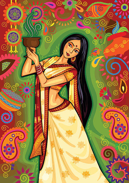 As shown in the artwork, an Indian woman is performing the Dhunuchi dance of Bengal during Durga Puja. She is wearing a two-piece ivory sari with red and gold embellishments, and her ebony hair is open and falls past her waist.