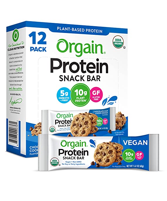 Orgain Organic Plant Based Protein Bar, Chocolate Chip Cookie Dough - 10g of Protein, Vegan, Gluten Free, Non Dairy, Soy Free, Lactose Free, Kosher, Non-GMO, 1.41 Ounce, 12 Count (Packaging May Vary)
