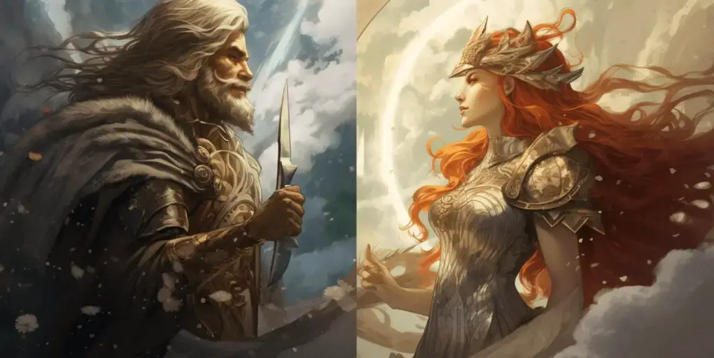 Fjörgyn and Fornjót are depicted in this digital artwork as two aspects of one entity, feminine and masculine. The right side of the picture shows Fjörgyn in silver and gold armor; her red hair reaches to her waist, highlighting her pale skin tone. Fornjót is depicted on the left wearing armor of the same color and wearing a fur cape over his shoulders. The man holds a silver dagger in his hand, while his grey hair and beard are neatly arranged.