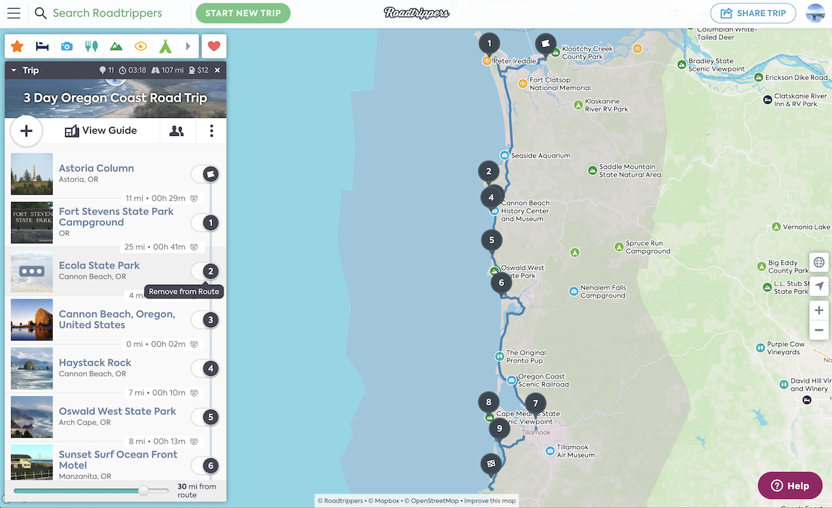screen shot of Roadtrippers and how to toggle locations off of your itinerary