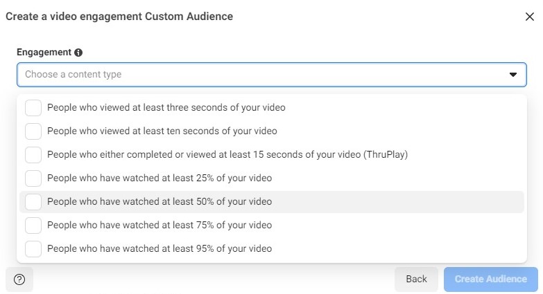 create a video engagement custom audience