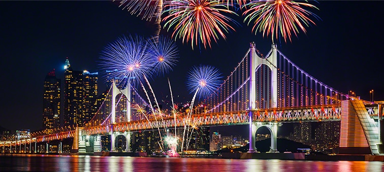 Fireworks in a night sky over an illuminated bridge reflected in a river below