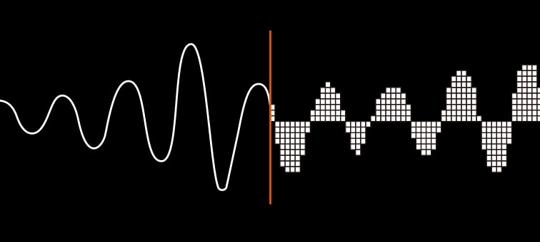 Illustrations that use sound wave to show how analog sound is converted to digital sound.