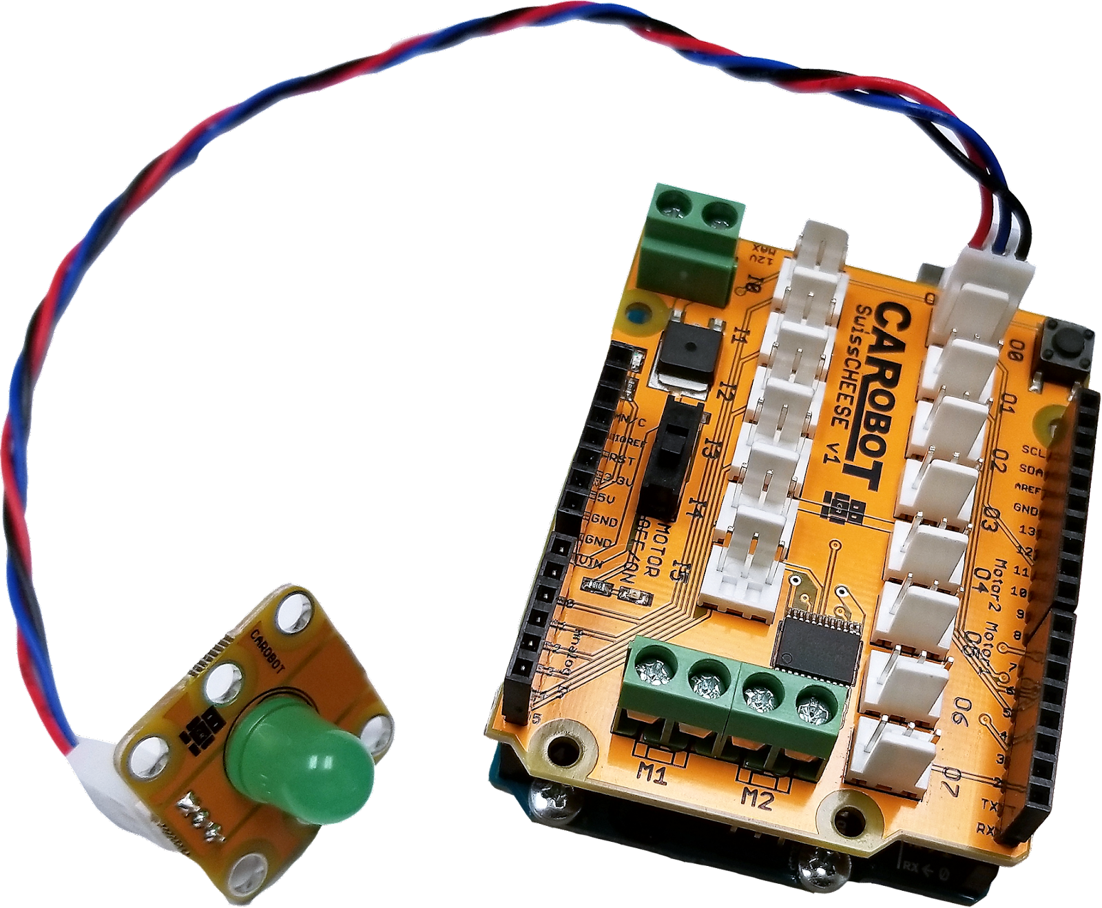 A CAROBOT SwissCHEESE on an Arduino with a green LED module.