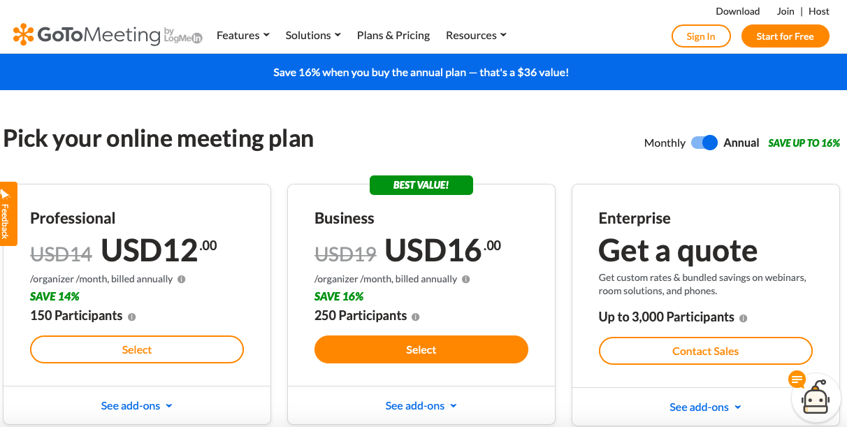 GoToMeeting pricing plan