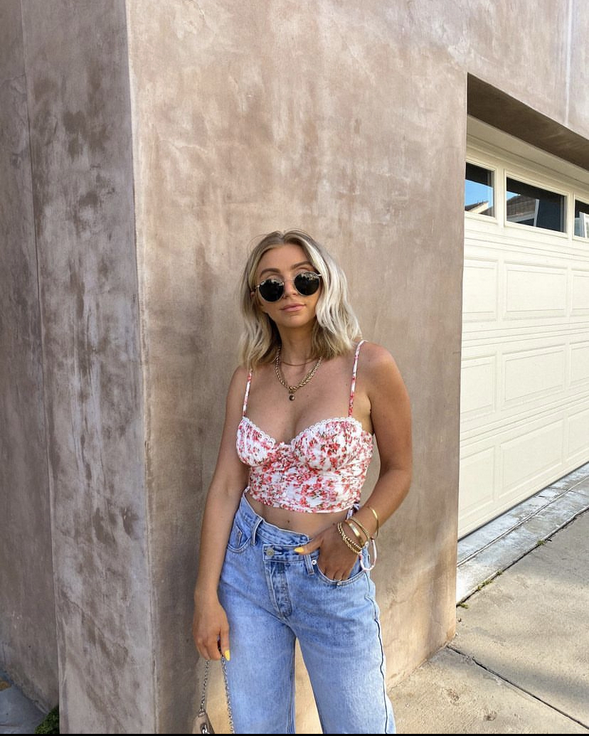 floral top and jeans