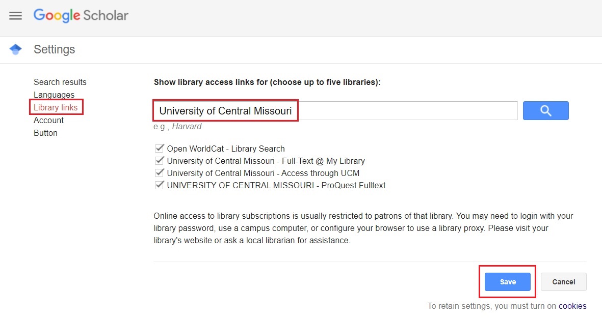 Screenshot of Google Scholar settings for setting up library links.