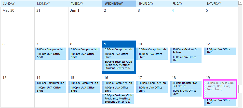 Screenshot of Outlook calendar showing a meeting that is light blue and hashed because the user has not yet responded to the meeting invitation