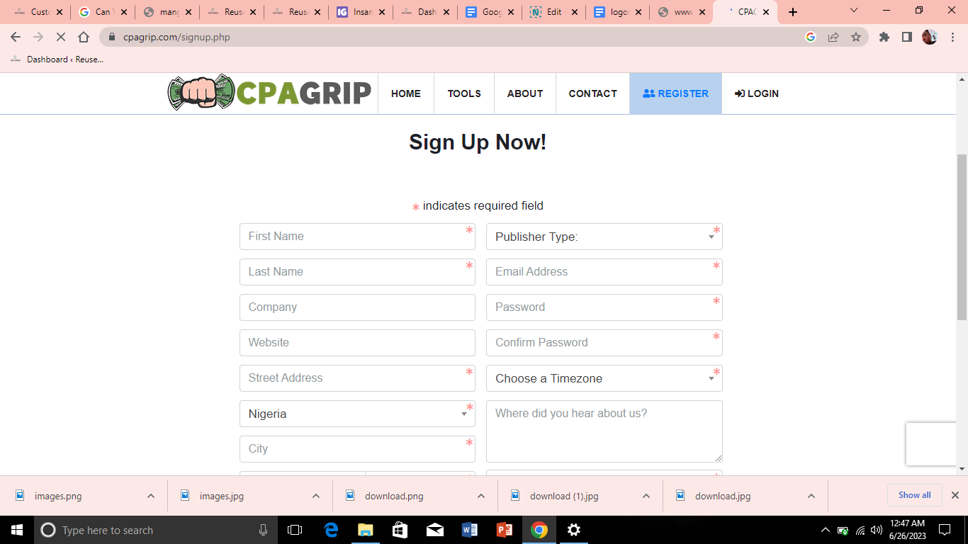 Registering with a CPAGrip Network