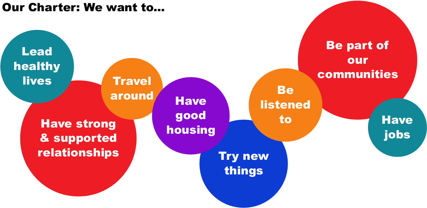 8 coloured bubbles with the 8 points of Our Charter.We want to:1. Lead healthy lives2. Have strong and supported relationships3. Travel around4. Have good housing5. Try new things6. Be listened to7. Be part of our communities8. Have jobs.