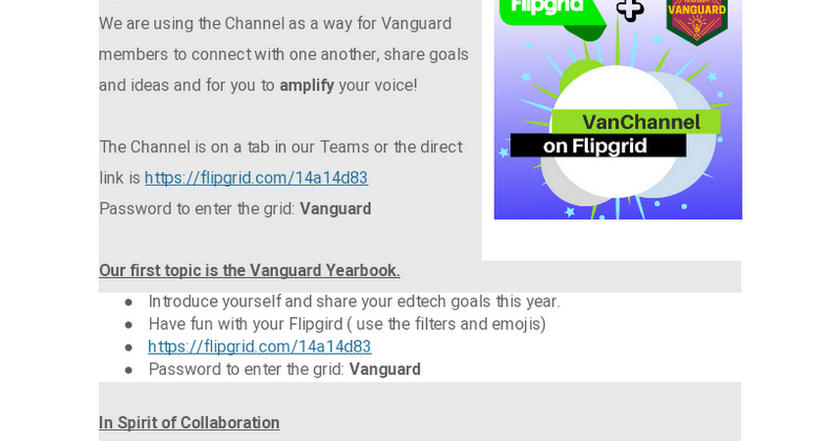 Vanguard now has a channel on "Flipgrid" called the VanChannel