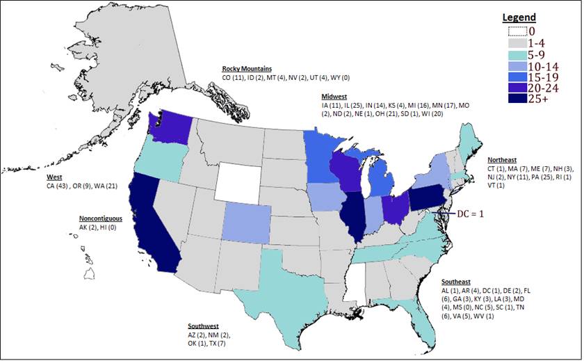 A color-coded map of the USA showing the number of Rails-with-Trails by state States with 25 Rails-with-Trails are Pennsylvania Illinois and California States with 20-24 are Ohio Wisconsin and Washington States with 15-19 are Michigan and Minnesota States with 10-1 are New York Indiana Iowa and Colorado States with 5-9 are Maine Massachusetts Virginia North Carolina Tennessee Florida Texas and Oregon States with 0 trails are Hawaii Wyoming and Mississippi The rest of the states have 1 to 4 Rails-with-Trails