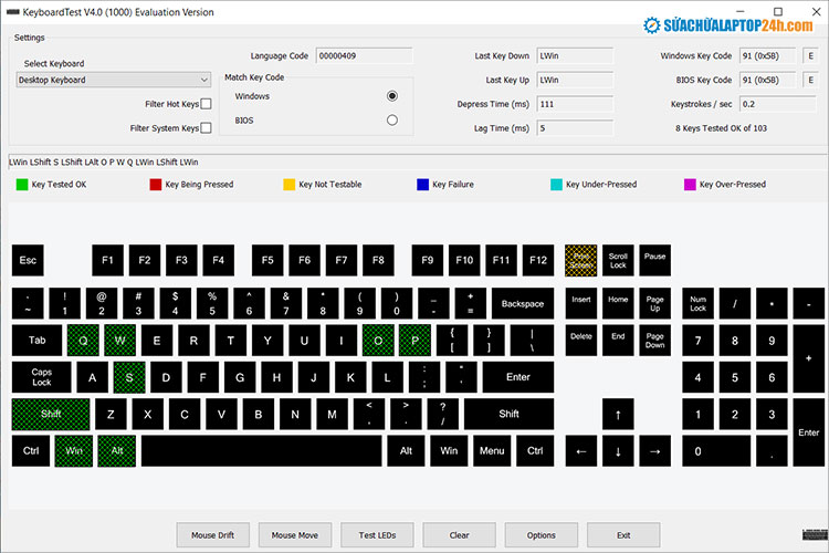 Giao diện phần mềm test bàn phím laptop PassMark Keyboard Test