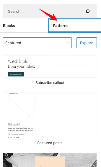 Block inserter > Patterns > Featured