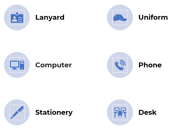 lanyard, uniform, computer, phone, stationery, desk