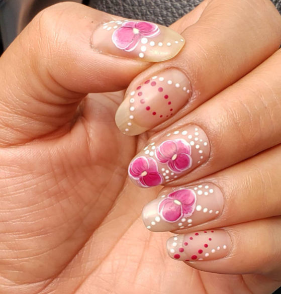 Pink dotted orchid nails