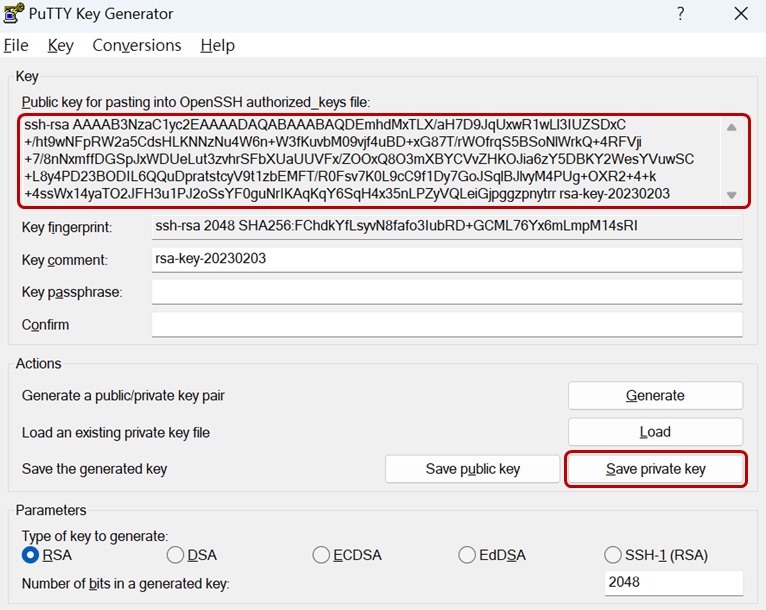 PuTTYgen key pair