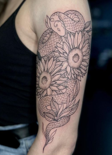 Sunflower And Snake Tattoo Line Art On Shoulder